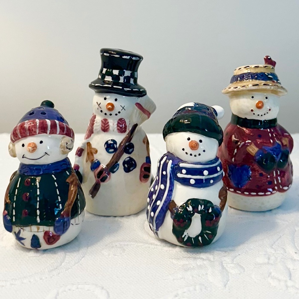 St Nicholas Square Snow Friends Snowman Salt and Pepper Shakers Set of 4 Ceramic